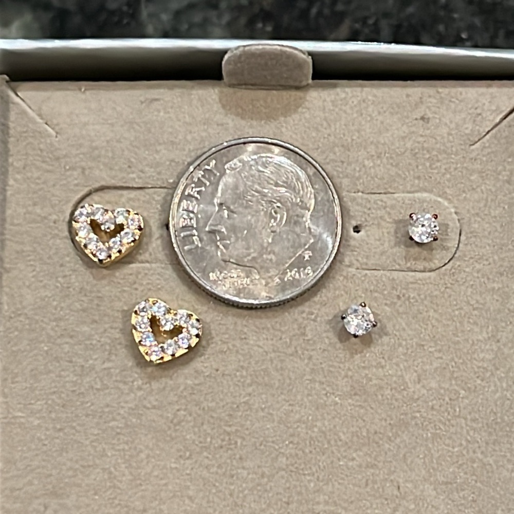 (2 Pairs) petite Heart and Studs CZ earrings - Brand New